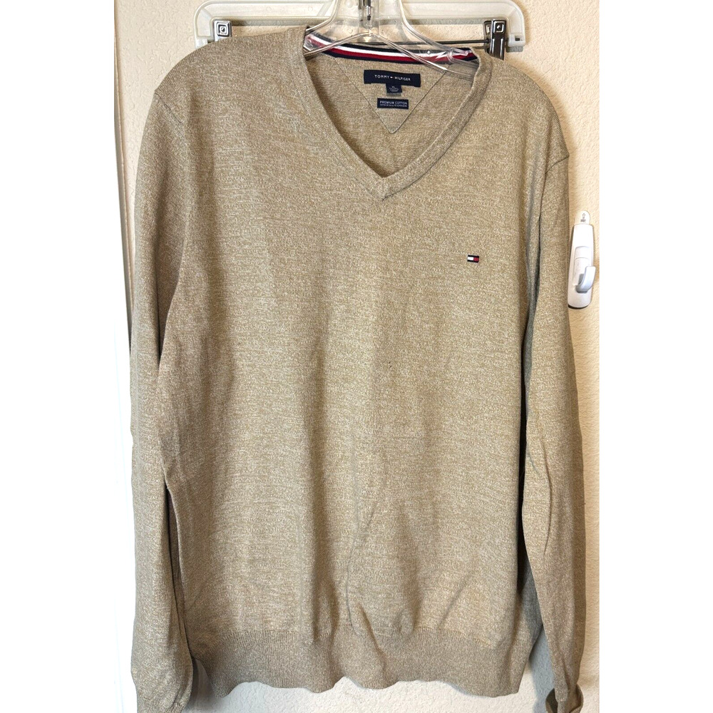 Tommy‎ Hilfiger Men's Tan Beige Sweater XL Premium Cotton V-Neck Pullover